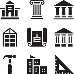 Architecture icons, building column, museum structure, blueprint plan, hammer tool, construction projec