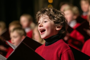 Close-up portrait of children singing in a choir with books, wearing red, smiling. Concept for Christmas performance, school events and choral concert
