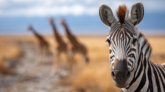 A close-up of a zebra stands proudly in a sunlit savannah, symbolizing wildlife beauty and the diversity of nature amid the blurred motion of giraffes in the background.
