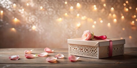 Romantic Gift Box with Rose and Petals on Wooden Surface, Illuminated by Soft Lights