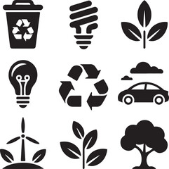 Environment icons, recycle bin, energy bulb, green leaf, wind turbine, electric car