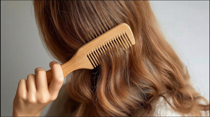 Woman with long, wavy hair using a wooden comb to style her hair, showcasing a serene and elegant grooming routine in a softly lit environment with a neutral background