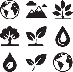 Nature icons, globe earth, mountain landscape, tree plant, water drop, eco friendly