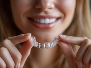 Young woman holding transparent aligner with smiling face, concept for orthodontic treatment, teeth alignment and dental care