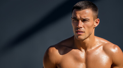 Fototapeta premium Close-up confident muscular man with wet sweaty skin looking away on dark gray background, copy space left. Fitness, sport, dedication, male beauty