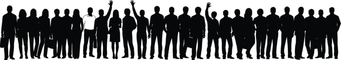 Large group of business people silhouettes standing in a row with one unique figure isolated on white background vector