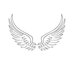 Obraz premium Outline drawing of stylized bird or angel wings spreading upwards on a white background