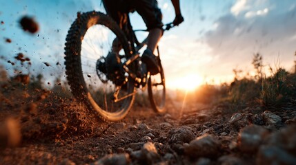 An action-packed shot of a mountain biker speeding along a dusty trail at sunset, showcasing exhilarating movement and the thrill of outdoor adventure and sports.