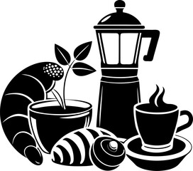 Espresso and croissant breakfast scene, vector style silhouette vector black , white background