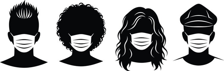 Set of diverse people silhouettes wearing medical face masks vector illustration, men and women heads isolated on white for virus protection