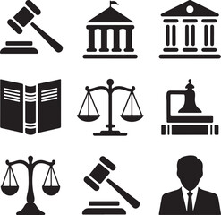 Law icons, justice scale, judge gavel, court hammer, legal book, courthouse building