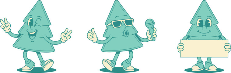 Cheerful funny green fir tree cartoon character set contoured vector flat illustration. Smiling funky spruce natural plant mascot dancing singing in sunglasses with mic advertising placard announce