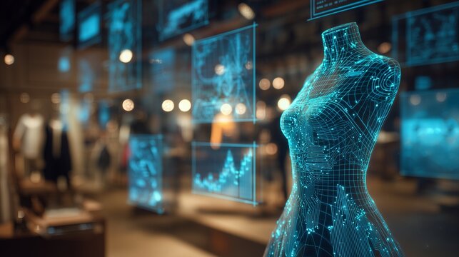 Futuristic blue digital mannequin in a shop window, concept for fashion technology, artificial intelligence and data analysis