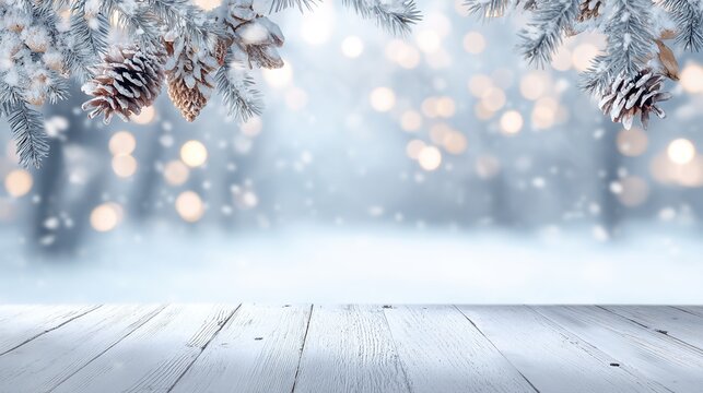 Winter snow background with pine branches and cones on wooden table, blurred winter forest behind, christmas card concept for product presentation with wide-angle lens and realistic lighting.
