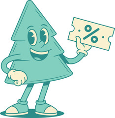 Smiling green fir tree Christmas cartoon character sale shopping contoured vector flat illustration. Happy cheerful spruce natural plant mascot price off cost reduction coupon special offer