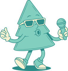 Funny green fir tree Christmas cartoon character singing song contoured vector flat illustration. Cheerful comic spruce natural plant mascot in sunglasses with mic artist show performance