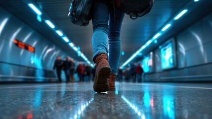 A solitary figure walks through a dimly lit subway tunnel illuminated by neon lights, capturing the essence of urban exploration and the fast-paced city life.