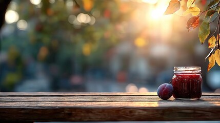 Sunlight Warming A Glass Jar Of Plum Jam With Fresh Plums On A Wooden Table Outdoors With Autumn Leaves In The Background