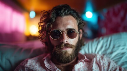 A contemplative man with a beard and sunglasses sits relaxed indoors, creating a moody and introspective atmosphere that captures the essence of modern life and reflection.