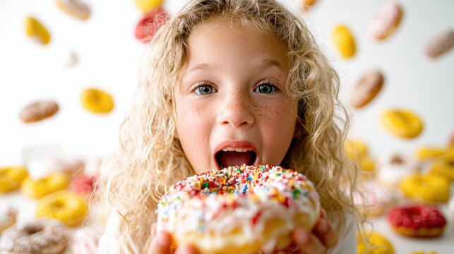 This delightful image captures a joyful child with curly hair eagerly holding a colorful sprinkle donut, embodying innocence, joy, and the simple pleasures of childhood.