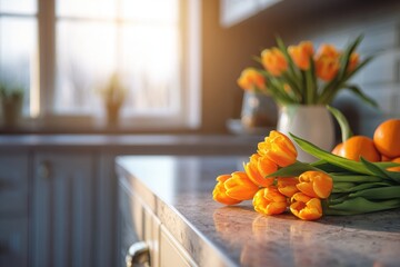 A kitchen counter with a vase of orange tulips and a bowl of oranges