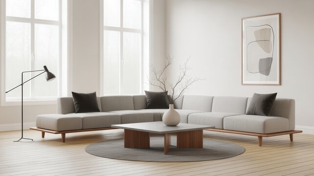 Modern living room with sectional sofa coffee table and abstract art on wall - Powered by Adobe