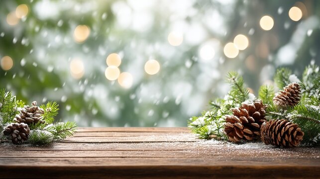 Winter snow background with pine branches and cones on wooden table, blurred winter forest behind, christmas card concept for product presentation with wide-angle lens and realistic lighting.