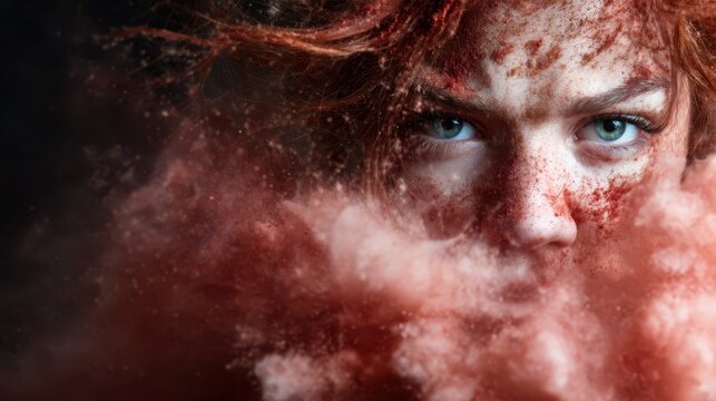 A striking portrait of a woman with red dust covering her face focuses on her intense gaze, encapsulating raw emotions and the juxtaposition of beauty with chaos in a vibrant way.