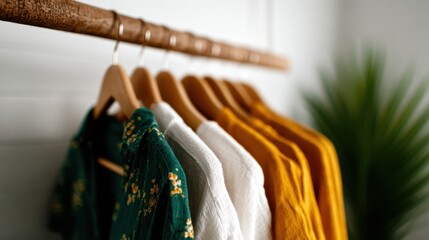 An array of colorful shirts hanging on a rack amidst green foliage, showcasing vibrant fashion and stylish designs ideal for modern clothing promotions and retailers.