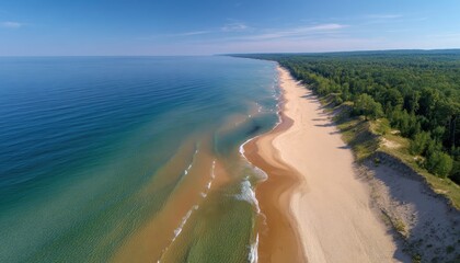 A beautiful beach with a blue ocean and a sandy shore