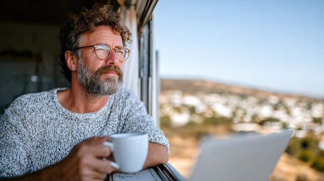 A thoughtful man in a cozy setting enjoys a hot cup of coffee, gazing out the window at a beautiful view, reflecting on life and savoring the tranquility of the moment.