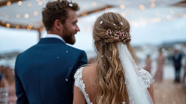 A romantic wedding image depicting a bride and groom turned towards each other, enjoying their snowy celebration filled with love and joyful spinning confetti.