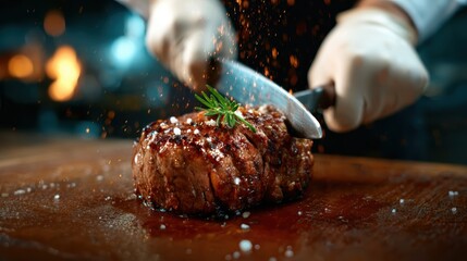 A skilled chef perfectly slices a flavorful, juicy steak garnished with herbs, showcasing culinary artistry and mouth-watering presentation in a vibrant kitchen atmosphere.