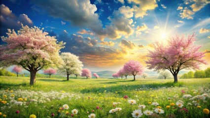 Fototapeta premium Serene Spring Meadow with Blossoming Trees at Sunset, a picturesque landscape featuring vibrant wildflowers and a breathtaking sky