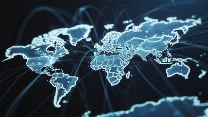 Glowing blue digital world map with interconnected lines representing global connections and data flow
