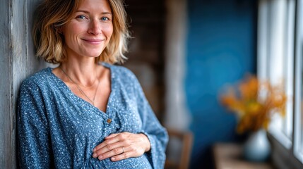 This image captures a joyful pregnant woman gently cradling her baby bump while smiling, surrounded by a cozy and warm indoor environment with soft colors.