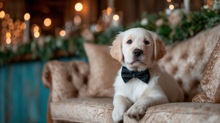 Obraz premium A charming golden retriever puppy dressed in a bowtie lounges gracefully on a plush vintage sofa, radiating elegance and playfulness in a beautifully decorated space.