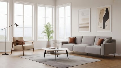 Modern living room with comfortable sofa armchair and abstract art on wall