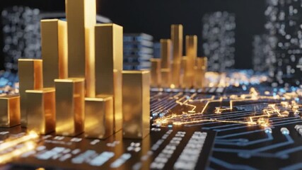Futuristic Digital City with Golden Financial Bar Chart on a Glowing High-Tech Circuit Board - Powered by Adobe