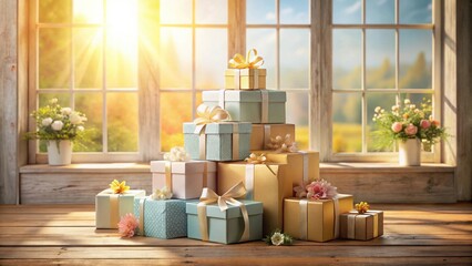 A sunlit window scene featuring a delightful arrangement of festively wrapped presents in a charming rustic setting