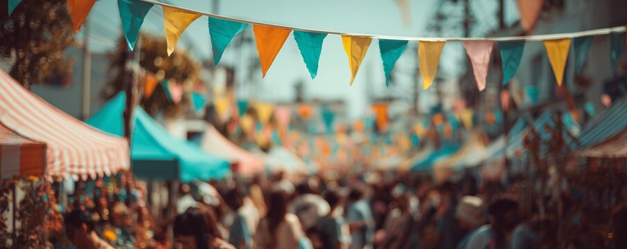 Vibrant colorful flags hanging over crowded outdoor market under bright sky. Concept for street festival, summer fair and community gathering