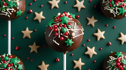 Marry Christmas sweet cake pops. Christmas dessert round brownie cake pops with stars topping on dark green background.