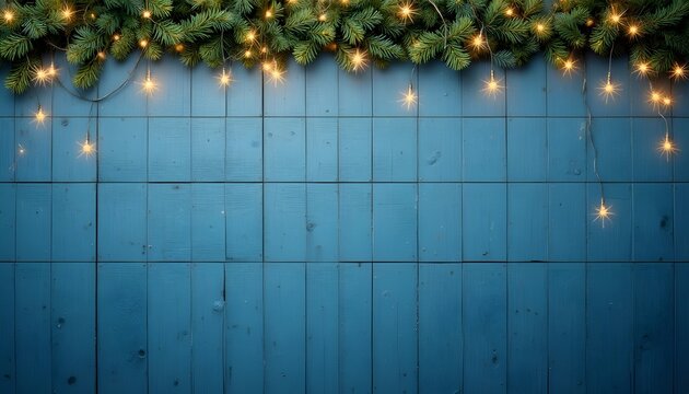 Christmas Garland with Warm Fairy Lights on Blue Wooden Plank Wall, Festive Holiday Frame Background for Seasonal Design, Winter Celebration, Christmas Mood and Cozy Decoration Concept 