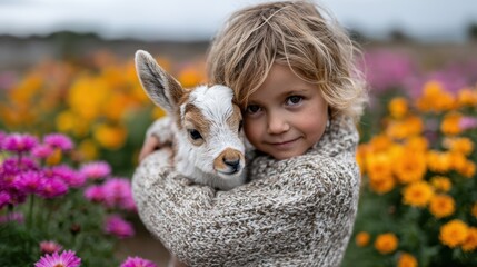 A joyful child holds a young goat surrounded by vibrant flowers, capturing a moment of innocence and connection with nature in a beautiful outdoor setting.