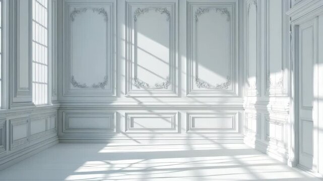 Ornate White Room with Sunlight Streaming Through Tall Windows Elaborate Molding and Intricate Detailing Classic Architectural Design and Clean Bright Ambiance for Elegant