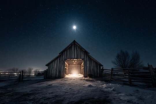 Wooden barn under the starry night sky with light shining, concept for rural landscape, winter scene and night photography