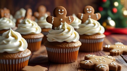 Moist and freshly baked gingerbread cupcakes with swirls of creamy white cream cheese frosting, topped with crunchy gingerbread cookies cut into festive holiday shapes