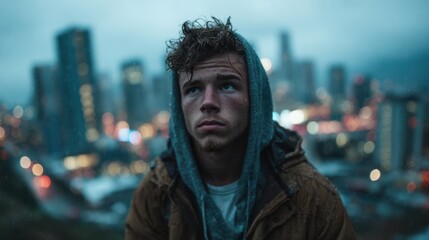 A young man in a hoodie gazes thoughtfully at a city skyline shrouded in rain, portraying introspection, dreams, and the quest for identity amidst urban life's chaos and beauty.