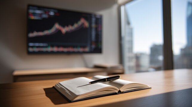 Stock market office desk notebook