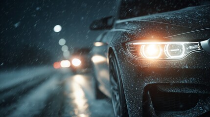 Close-up of a modern car's headlight covered in snow during a winter storm at night, concept for automotive marketing, road safety awareness and seasonal driving advertisement